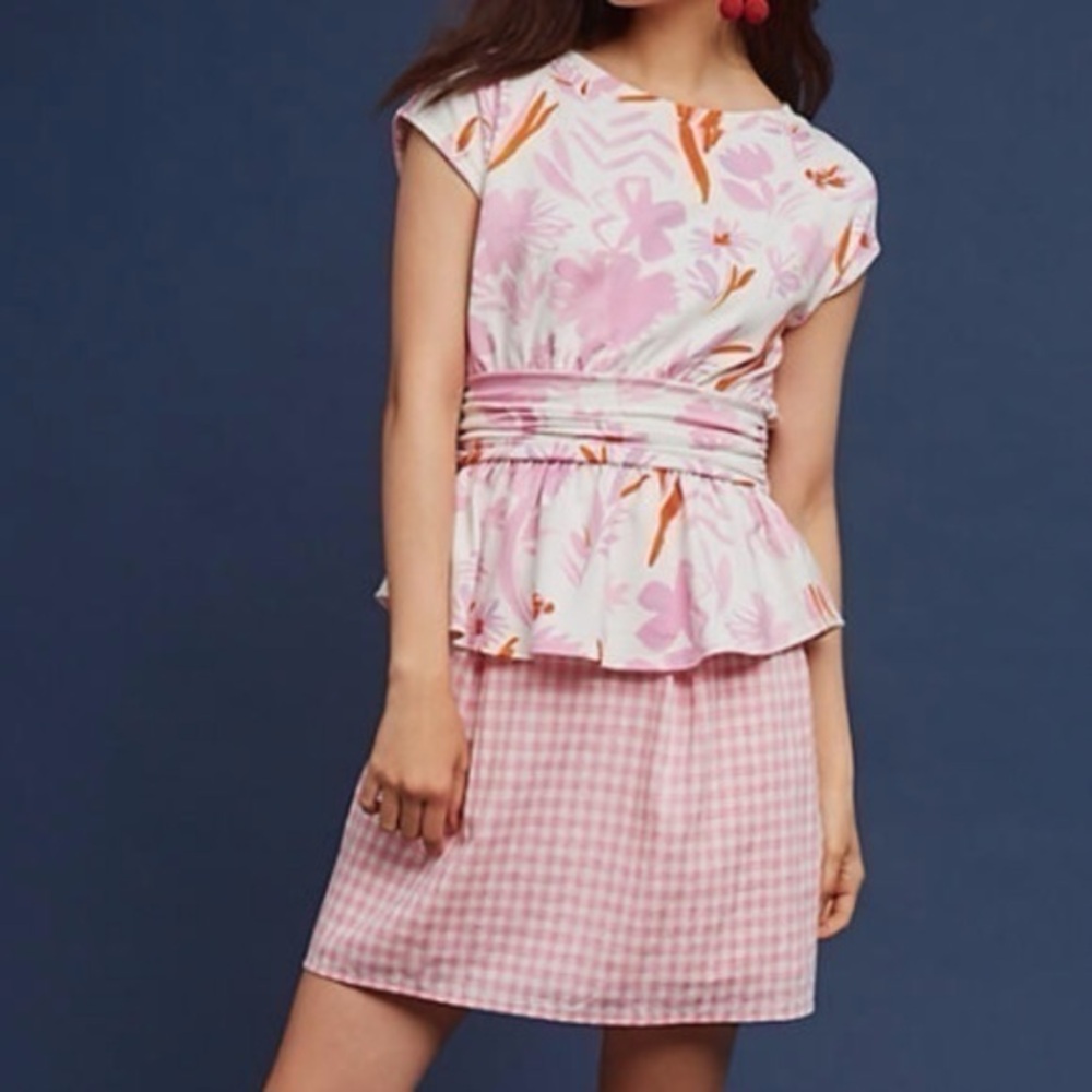 Anthropologie White Pink Floral Peplum Top Size M